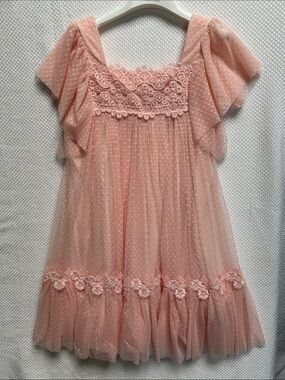 Abel & Lula Lace-Trimmed , fully lined Boho Dress in Soft Peachy Pink. NWT!